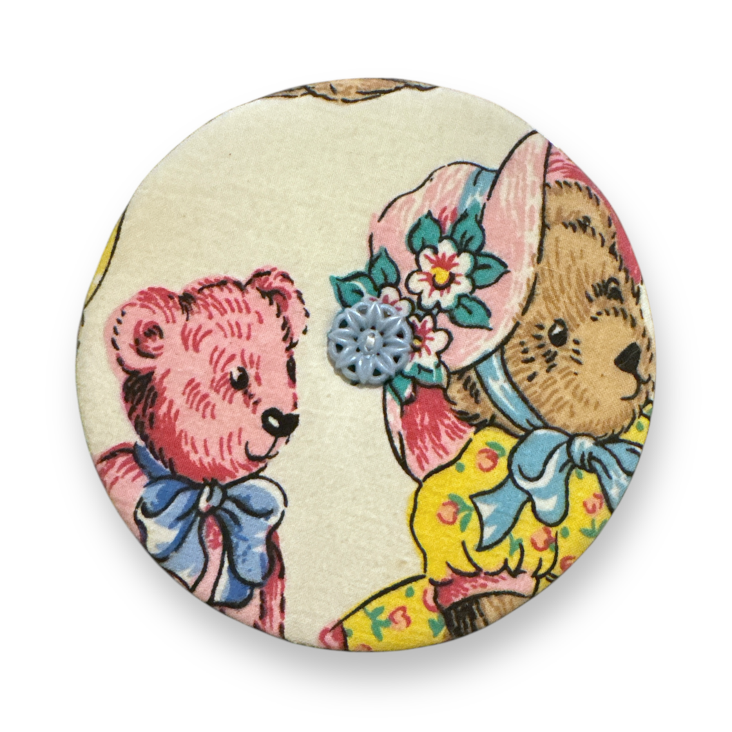 Upcycled double sided round padded playing card holder for kids or adults VINTAGE TEDDIES