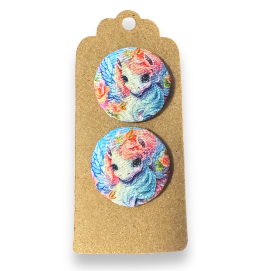 Upcycled fabric covered stud earrings with stainless steel posts - unicorns