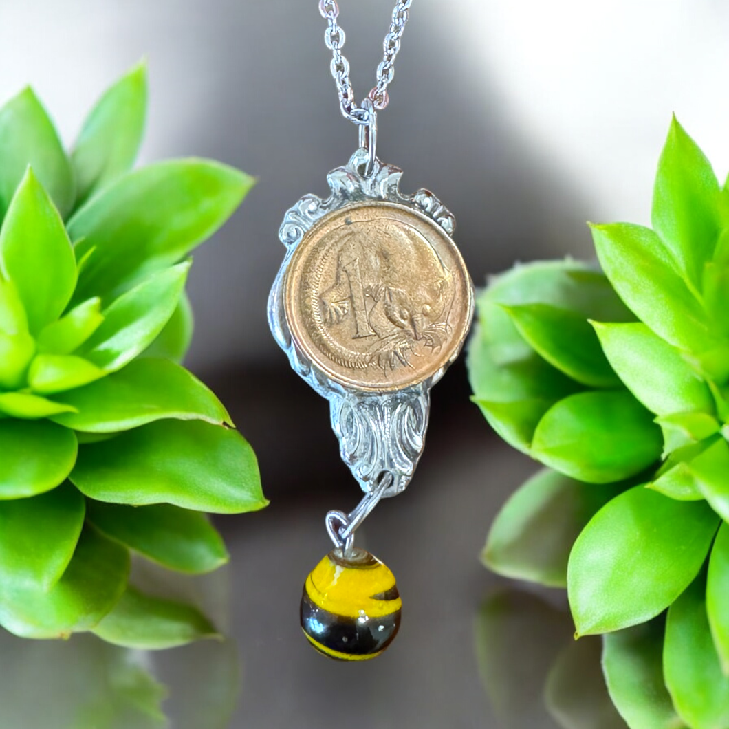 Stunning upcycled repurposed silver plated & 1c coin pendant necklace made from vintage spoon