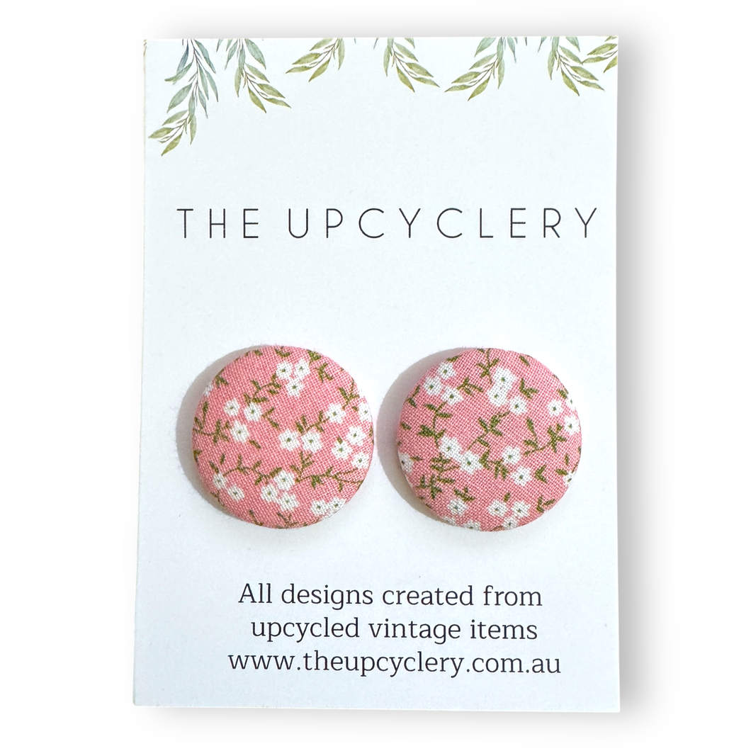 Upcycled fabric covered stud earrings with stainless steel posts - PINK FLORAL