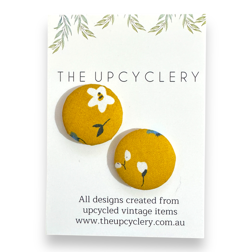 Upcycled fabric covered stud earrings with stainless steel posts - MUSTARD FLOWERS