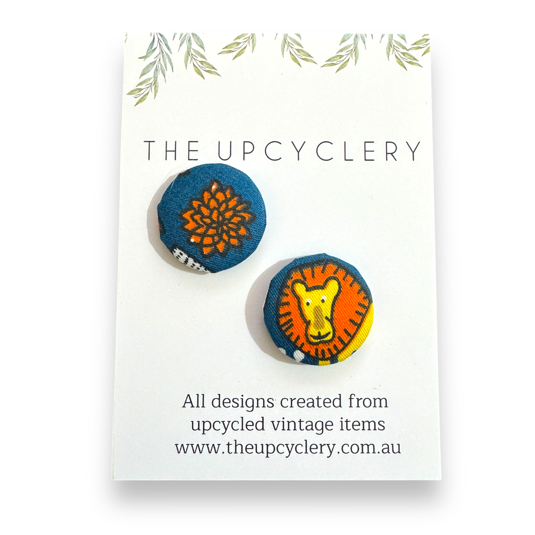 Upcycled fabric covered stud earrings with stainless steel posts - WHIMSICAL LION & TREE