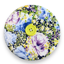 Load image into Gallery viewer, Upcycled double sided round padded playing card holder for kids or adults GARLANDS OF FLOWERS
