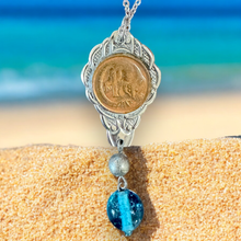 Load image into Gallery viewer, Stunning upcycled repurposed silver plated &amp; 1c coin pendant necklace made from vintage spoon
