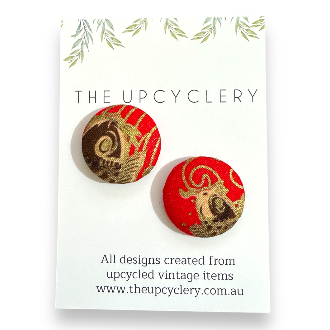 Upcycled fabric covered stud earrings with stainless steel posts - ORIENTAL RED & GOLD