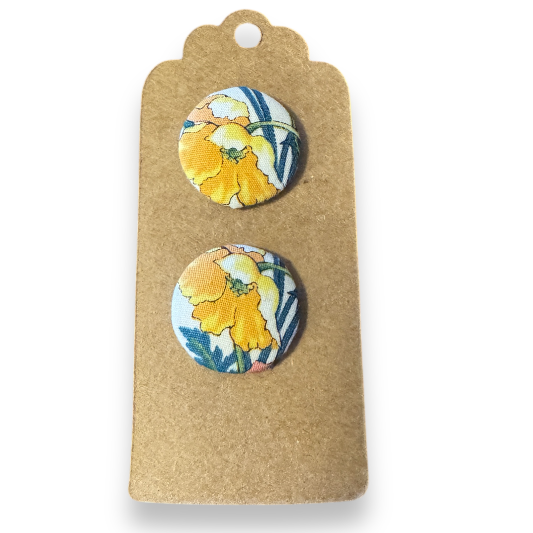 Upcycled fabric covered stud earrings with stainless steel posts - yellow poppies