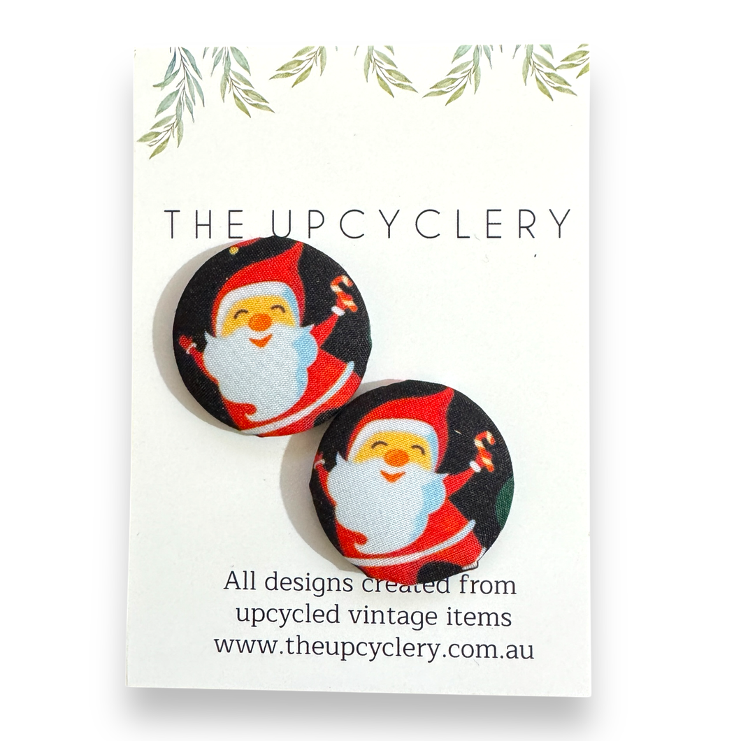 Upcycled fabric covered stud earrings with stainless steel posts - FATHER CHRISTMAS