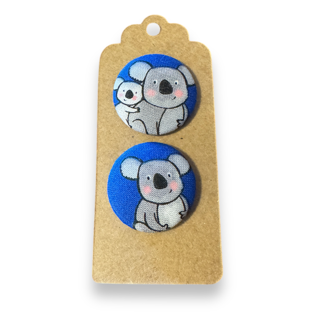 Upcycled fabric covered stud earrings with stainless steel posts - koala & baby