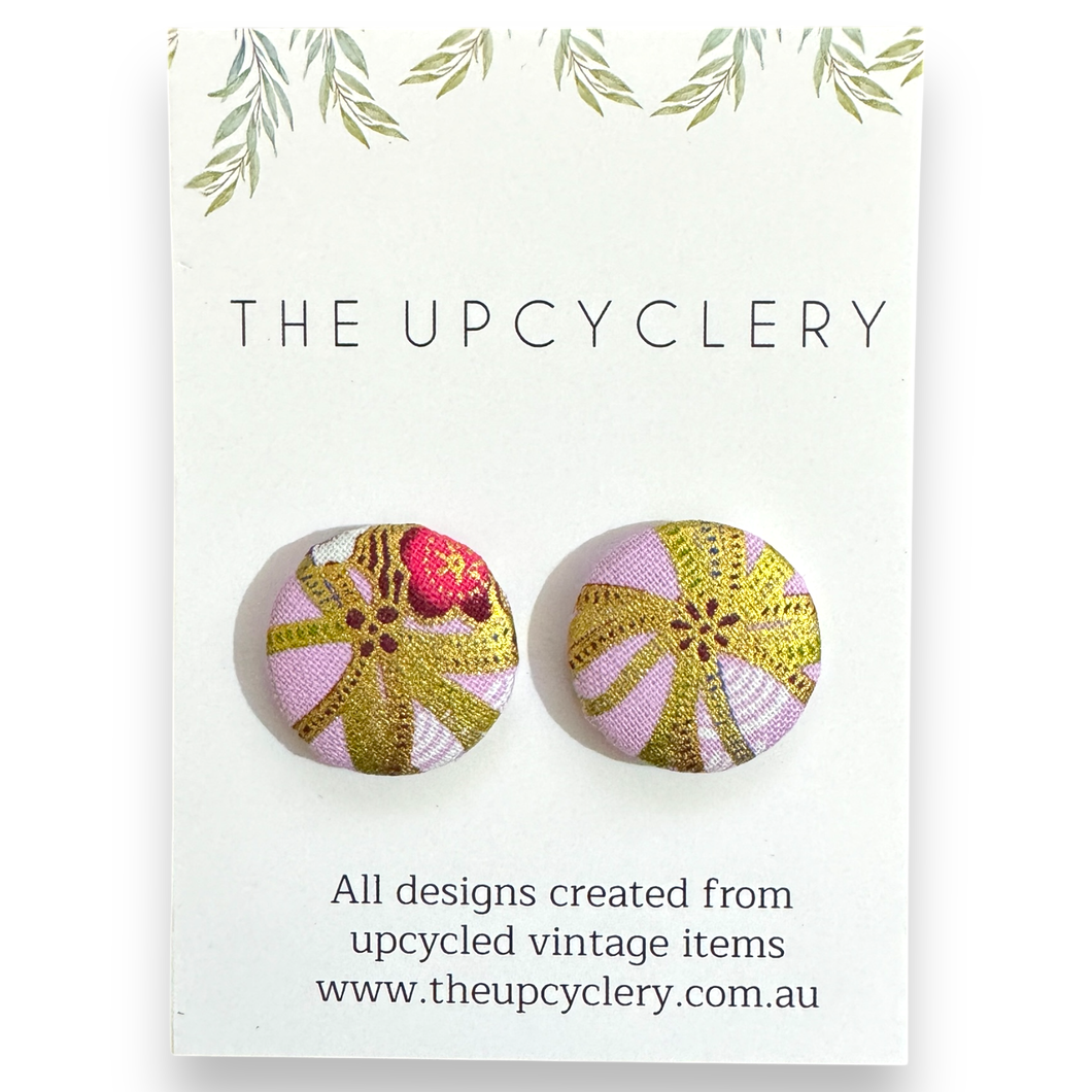 Upcycled fabric covered stud earrings with stainless steel posts - LILAC & GOLD