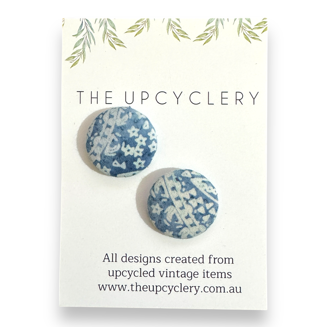 Upcycled fabric covered stud earrings with stainless steel posts - DENIM BATIK