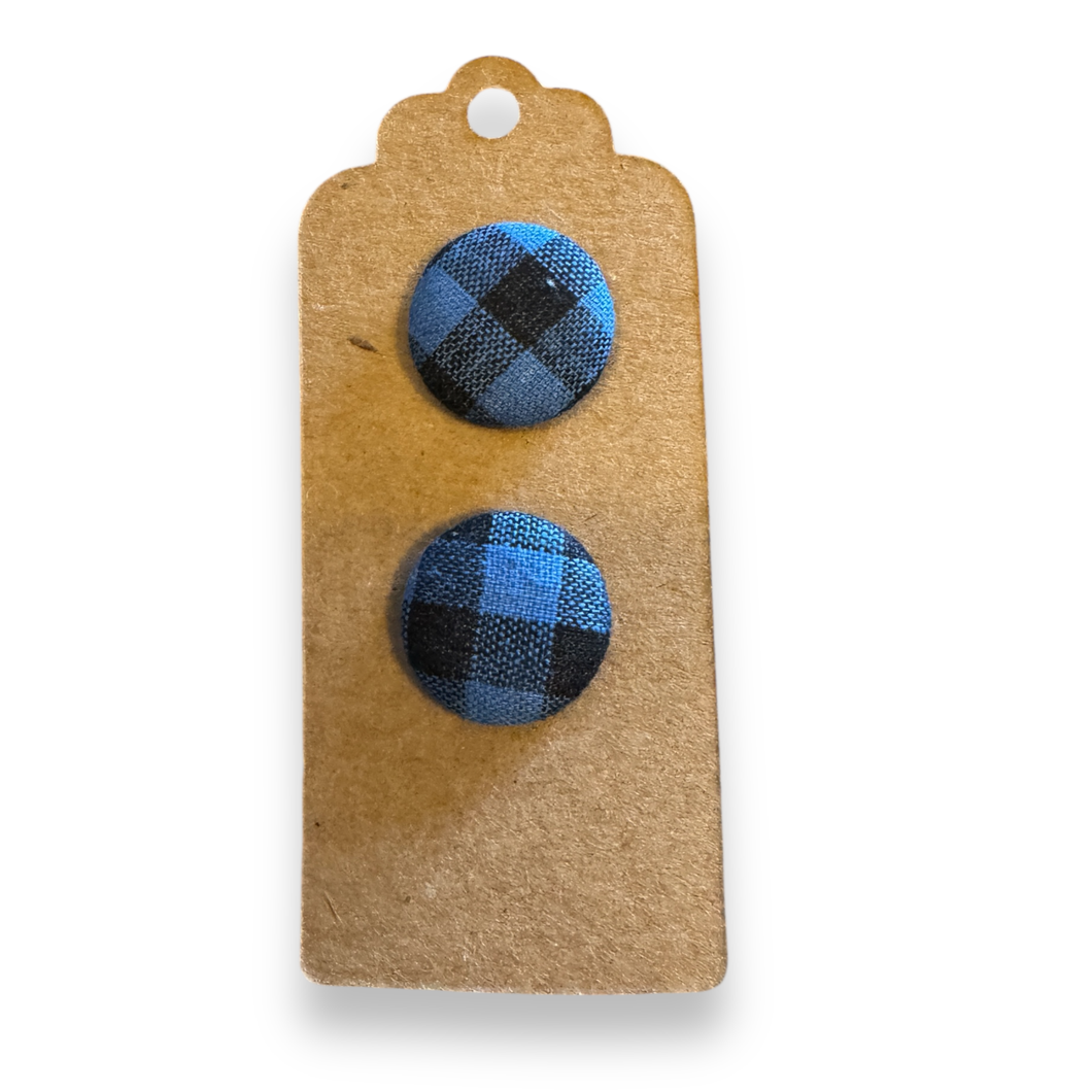 Upcycled fabric covered stud earrings with stainless steel posts - blue check
