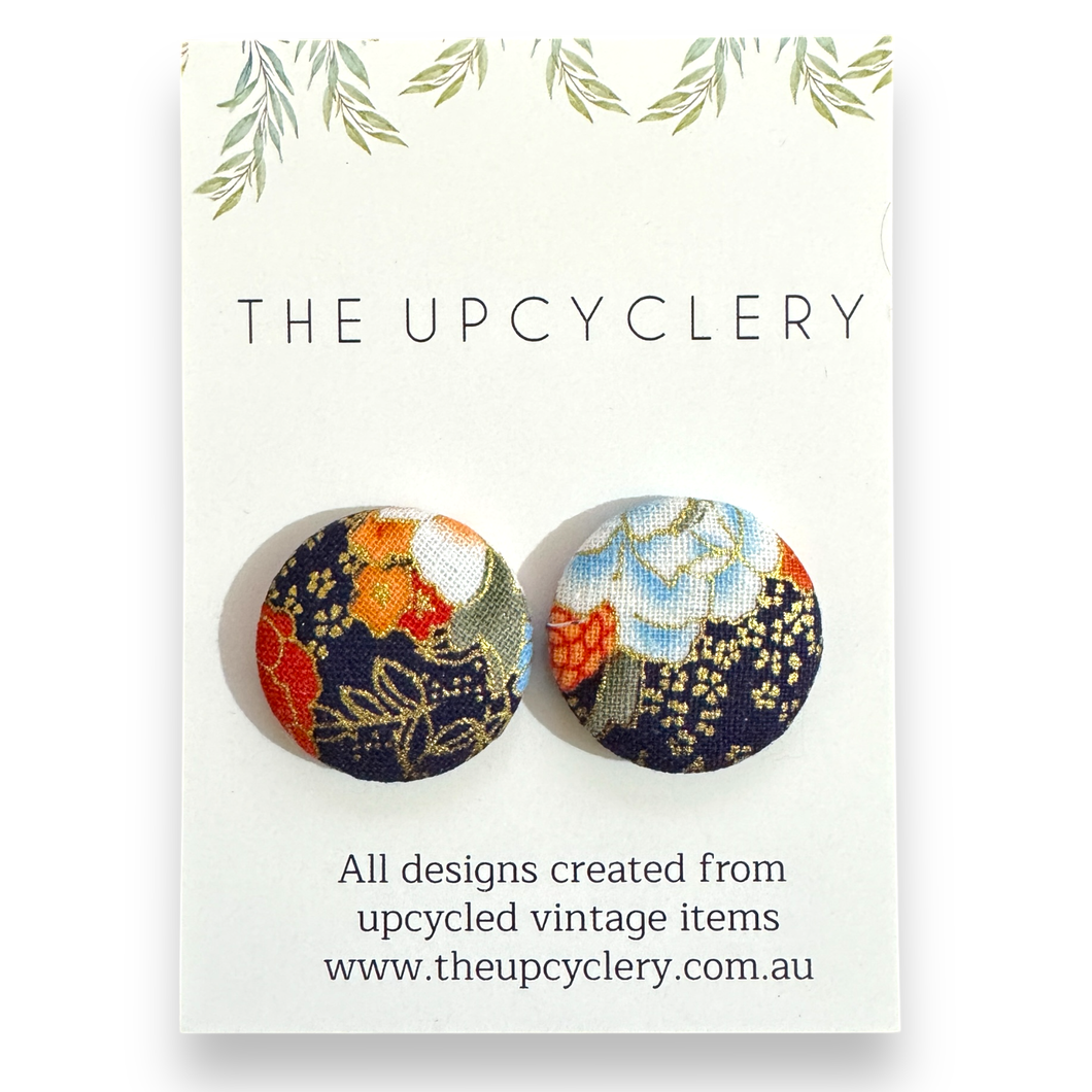 Upcycled fabric covered stud earrings with stainless steel posts - ORIENTAL FLOWERS