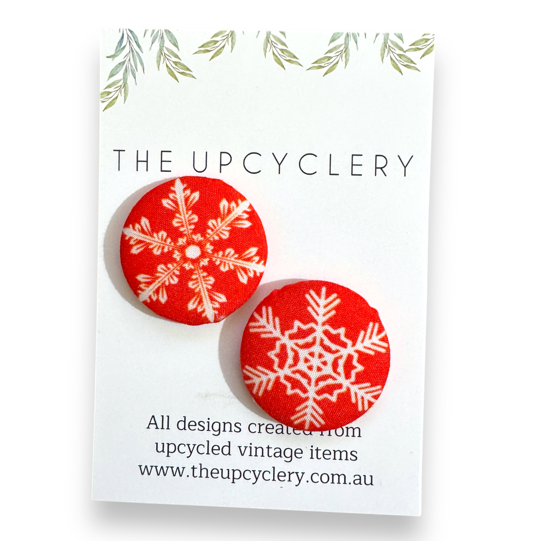 Upcycled fabric covered stud earrings with stainless steel posts - RED SNOWFLAKES CHRISTMAS
