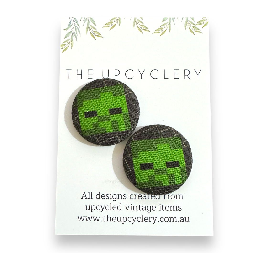 Upcycled fabric covered stud earrings with stainless steel posts - MINECRAFT CREEPER