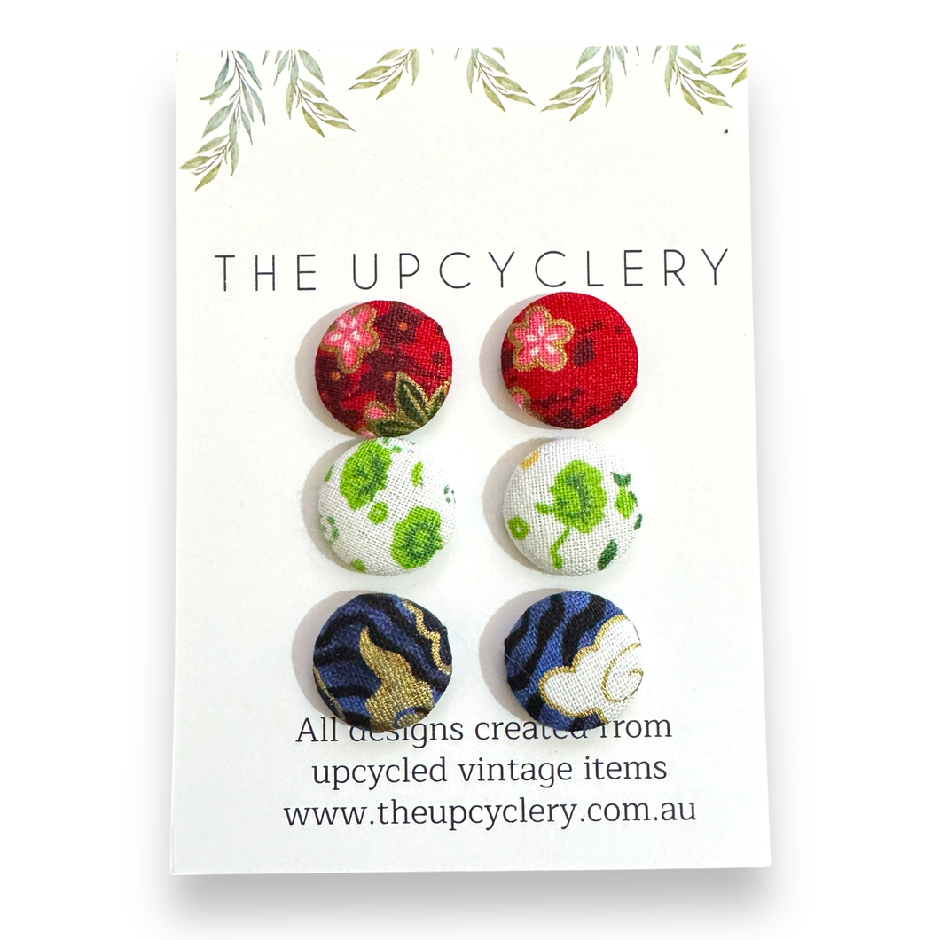 Upcycled fabric covered stud earrings with stainless steel posts - SET OF 3 PAIRS