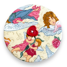 Load image into Gallery viewer, Upcycled double sided round padded playing card holder for kids or adults CHERUBS &amp; TRELLIS
