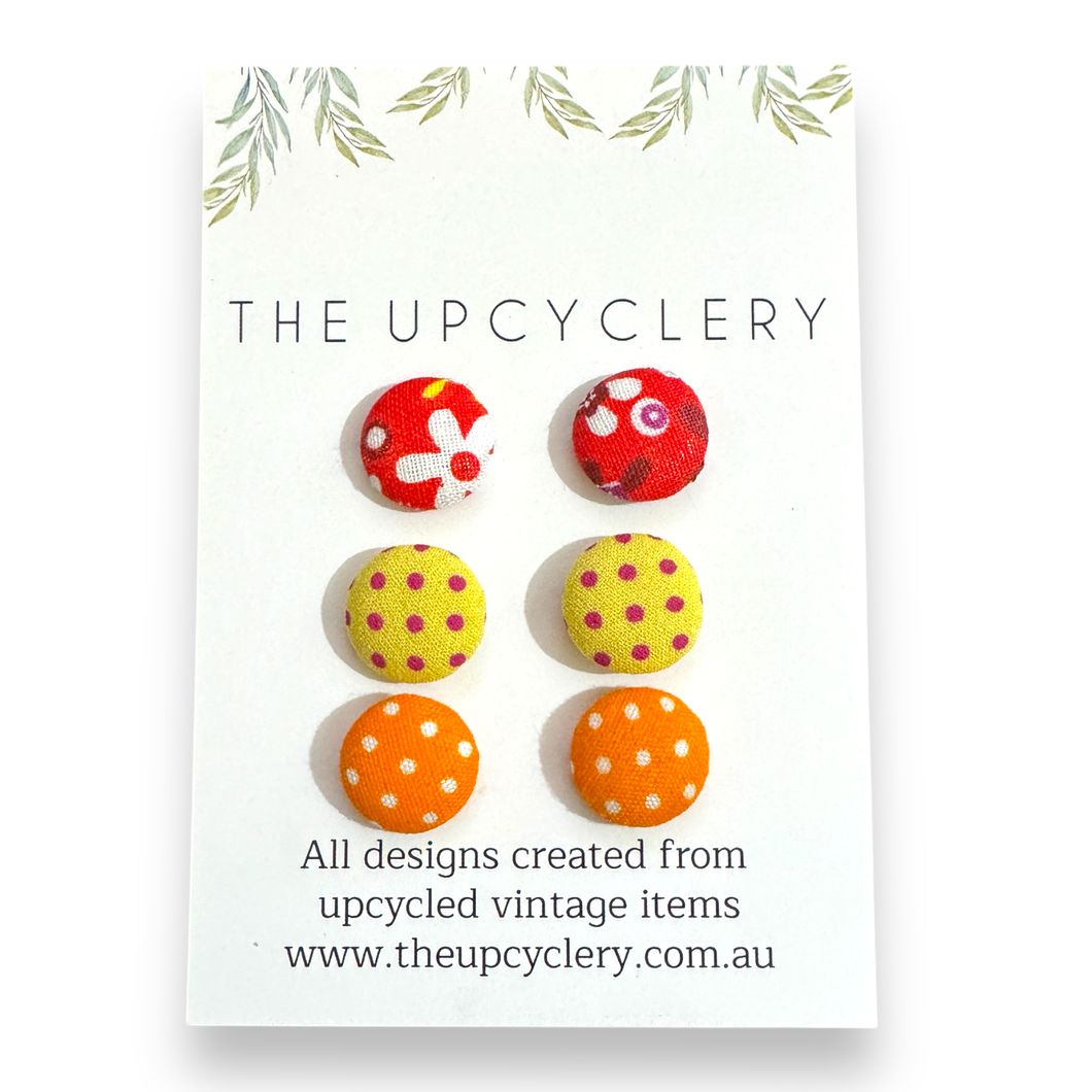 Upcycled fabric covered stud earrings with stainless steel posts - SET OF 3 PAIRS