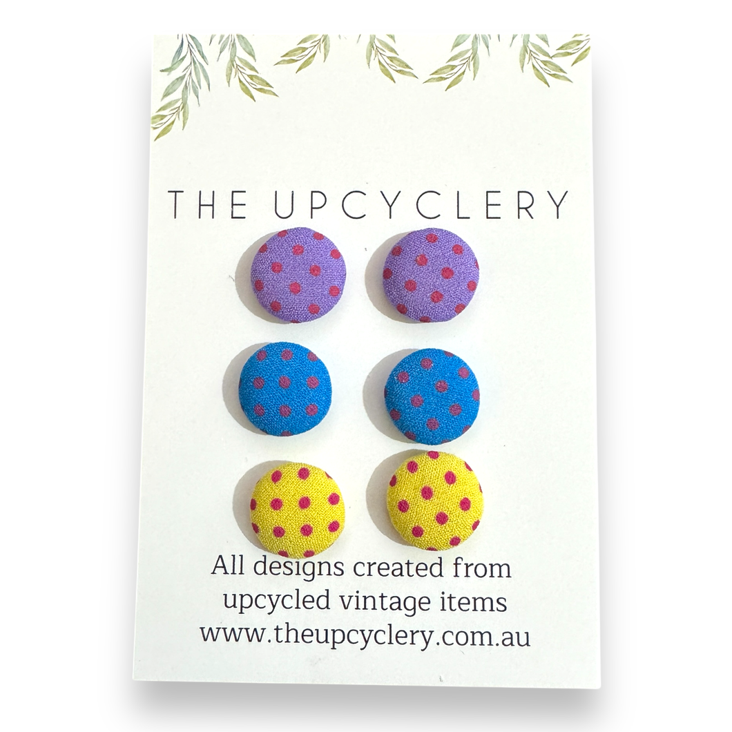 Upcycled fabric covered stud earrings with stainless steel posts - SET OF 3 PAIRS