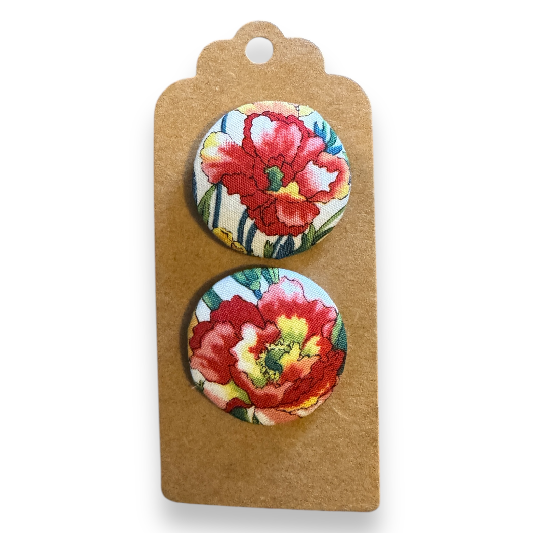 Upcycled fabric covered stud earrings with stainless steel posts - red poppies