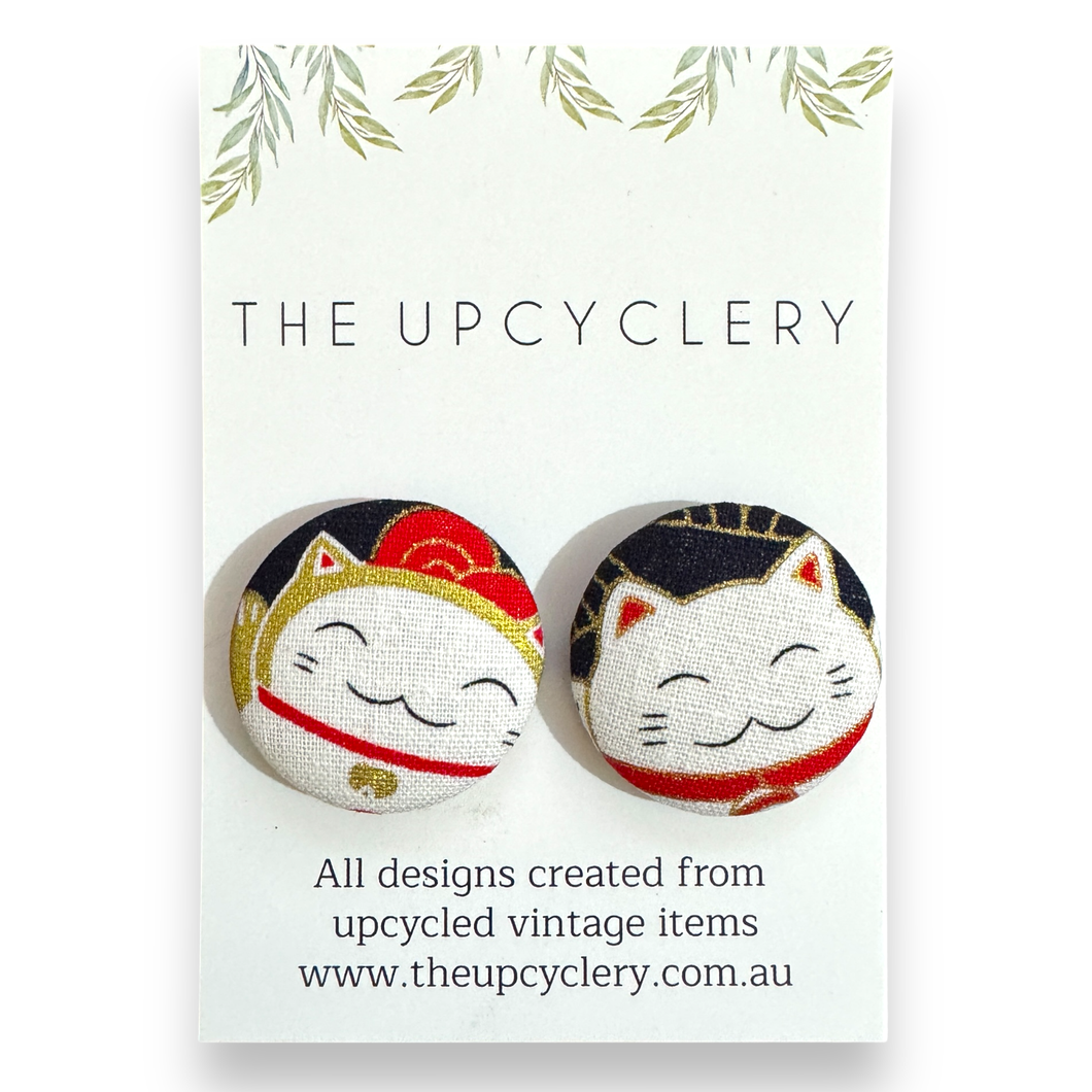 Upcycled fabric covered stud earrings with stainless steel posts - LUCKY CATS