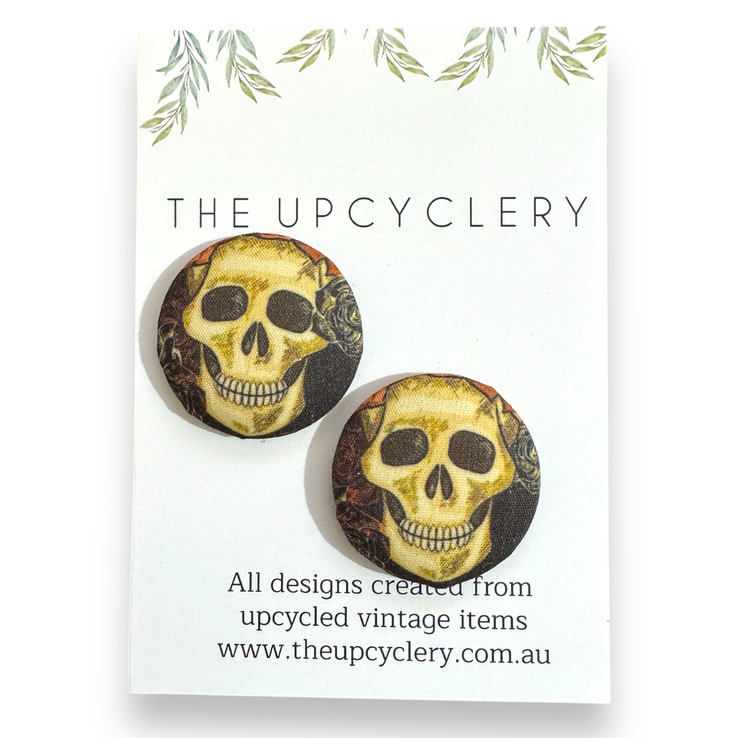 Upcycled fabric covered stud earrings with stainless steel posts - SKULLS