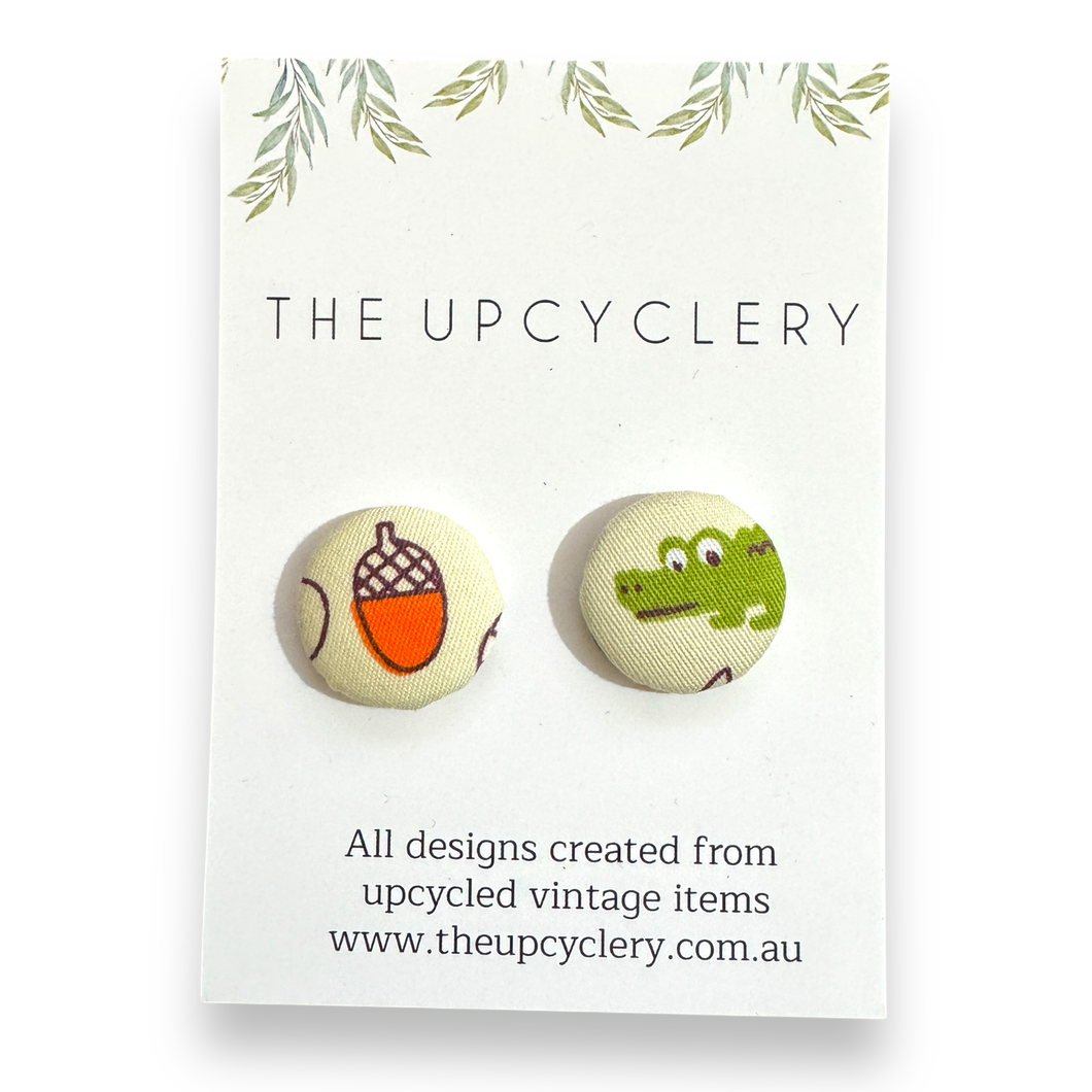 Upcycled fabric covered stud earrings with stainless steel posts - CROCODILE & ACORN