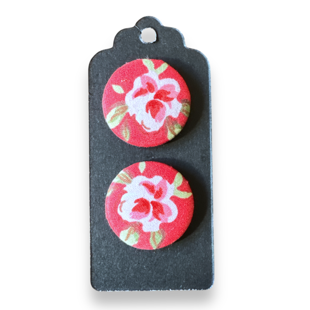 Upcycled fabric covered stud earrings with stainless steel posts - lush pink roses