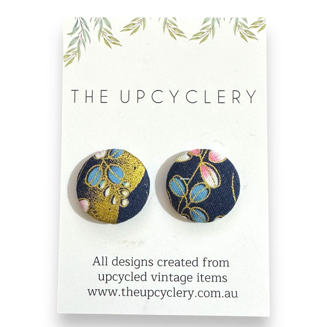 Upcycled fabric covered stud earrings with stainless steel posts - NAVY FLORAL GOLD