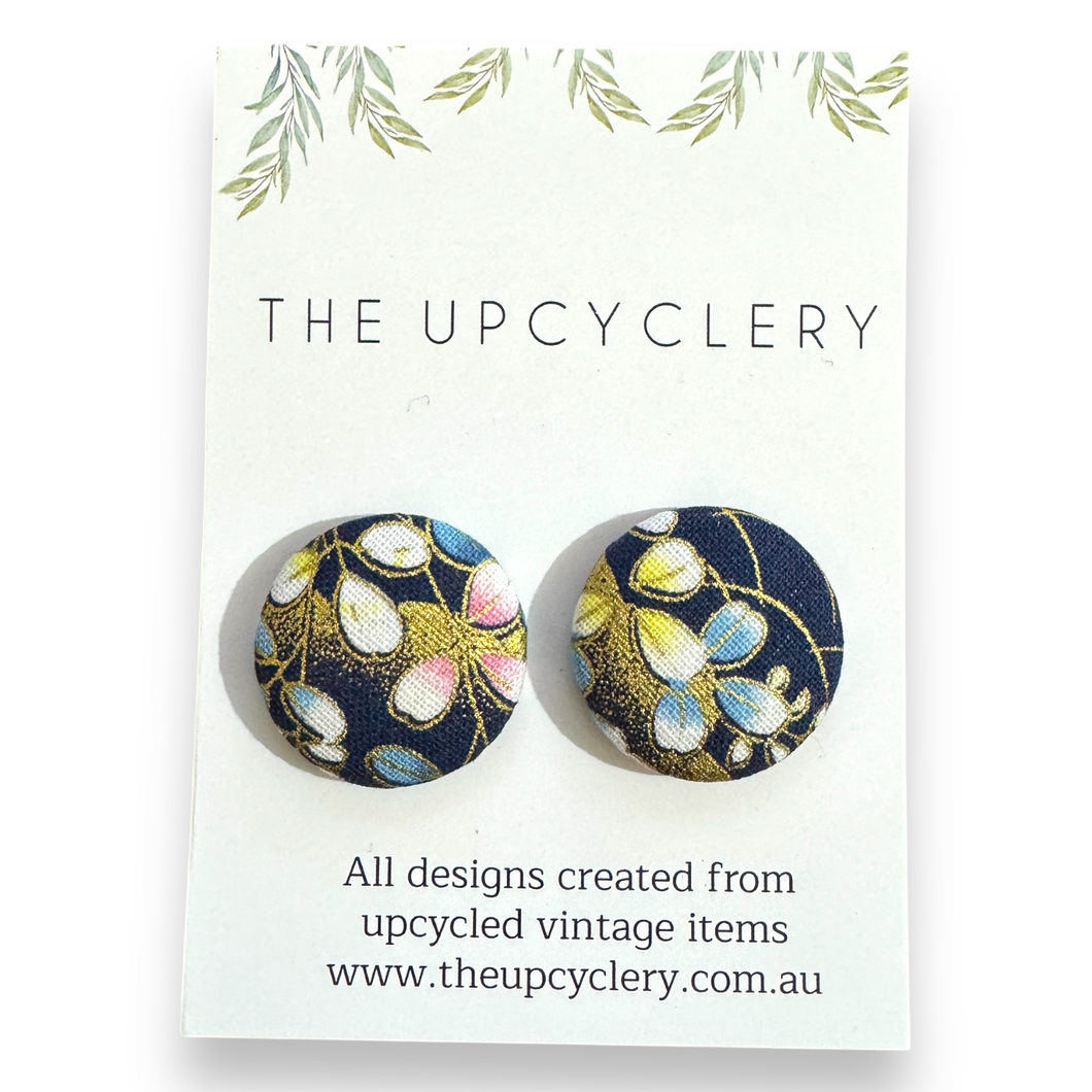 Upcycled fabric covered stud earrings with stainless steel posts - NAVY FLORAL GOLD
