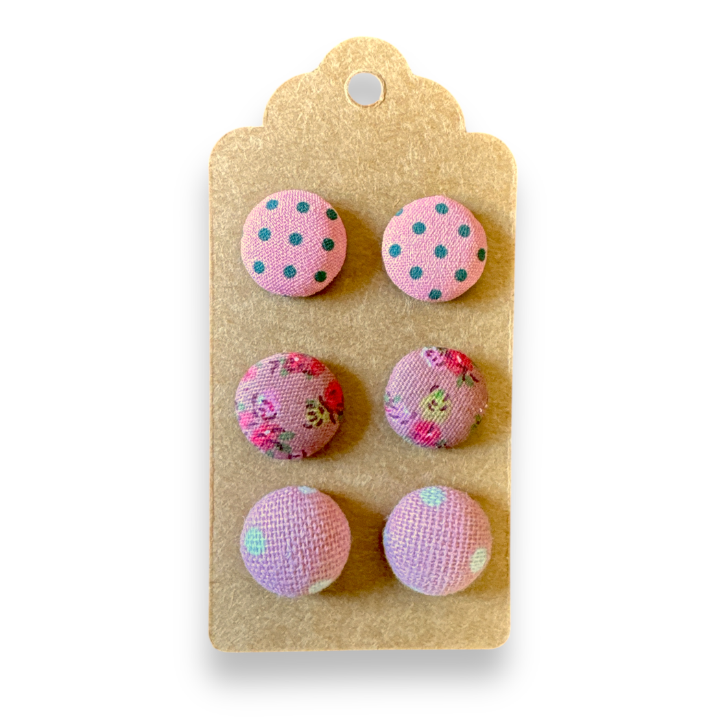 Upcycled fabric covered stud earrings with stainless steel posts - SET OF 3 pretty pinks