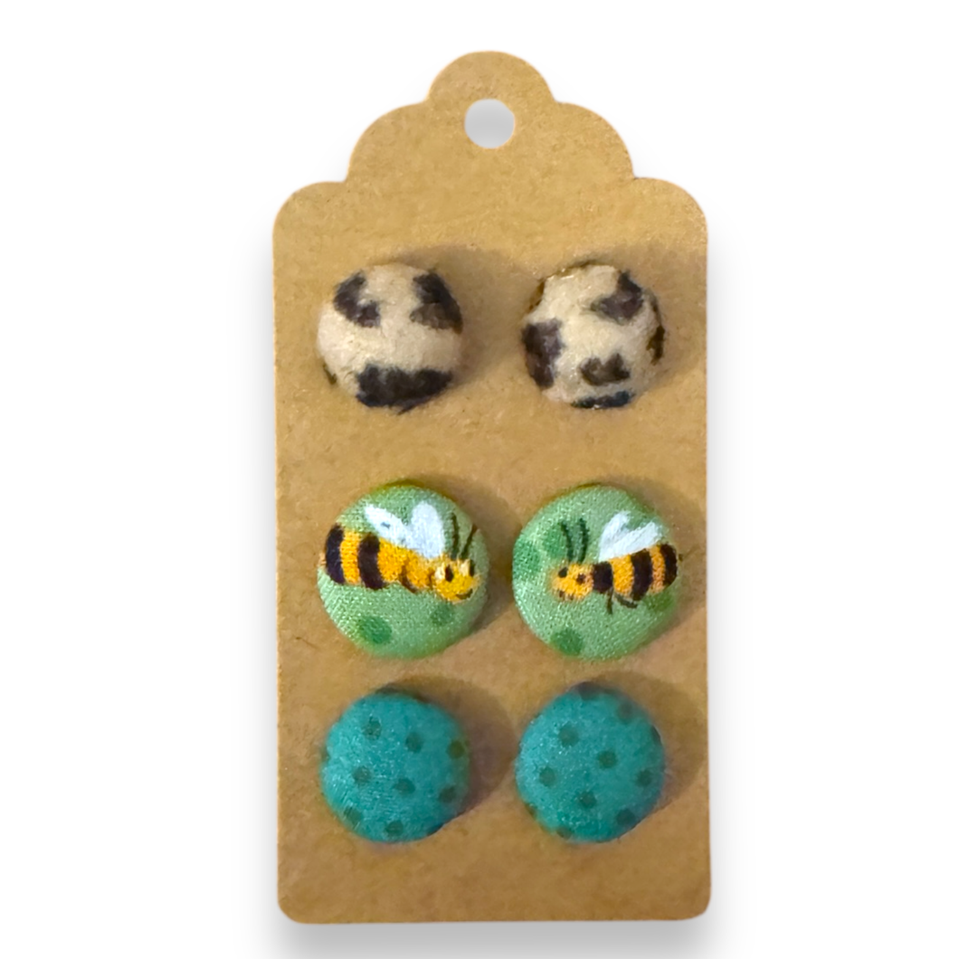 Upcycled fabric covered stud earrings with stainless steel posts - Bees and spots