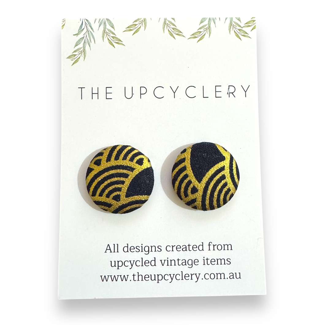 Upcycled fabric covered stud earrings with stainless steel posts - ART DECO BLACK & GOLD