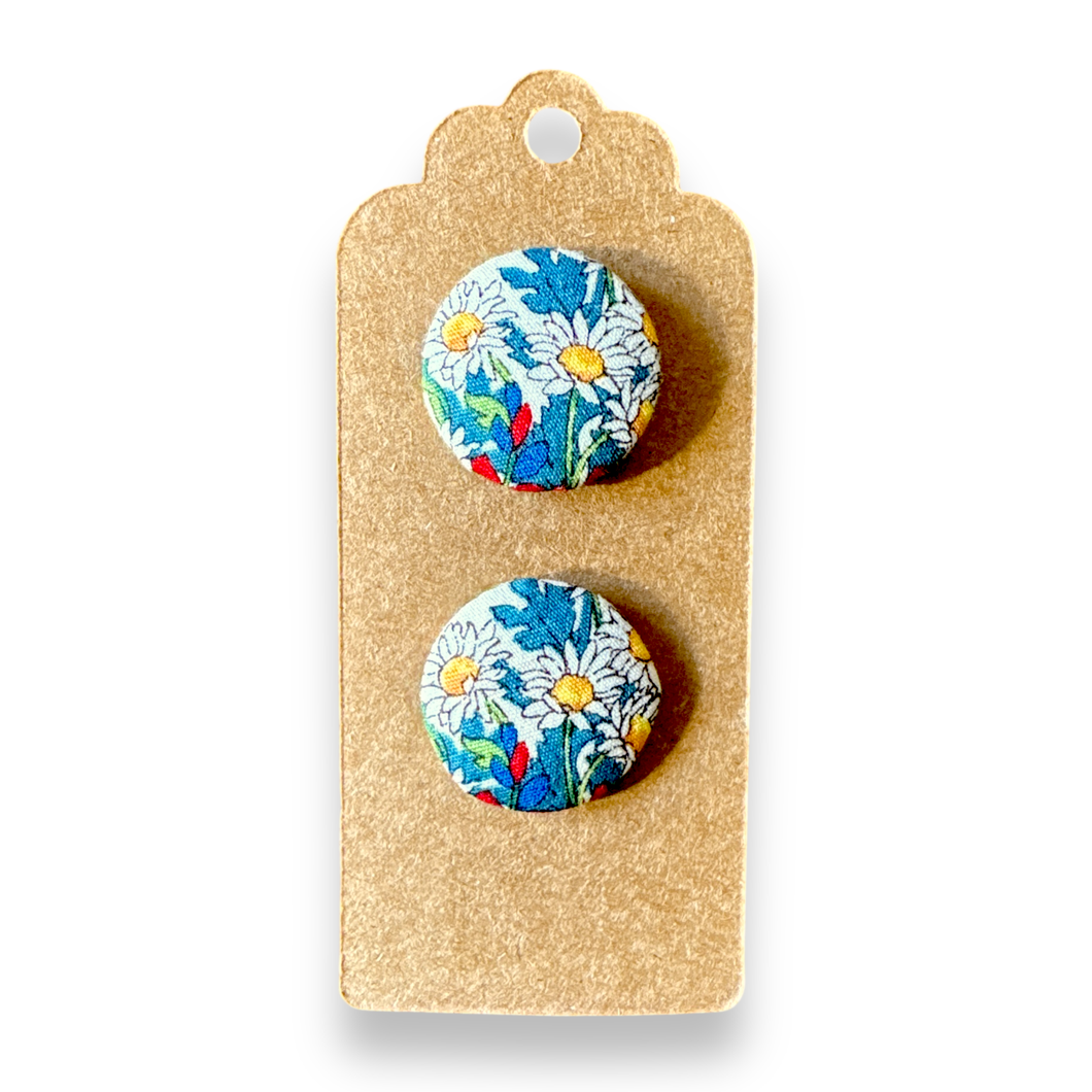 Upcycled fabric covered stud earrings with stainless steel posts - vintage daisies