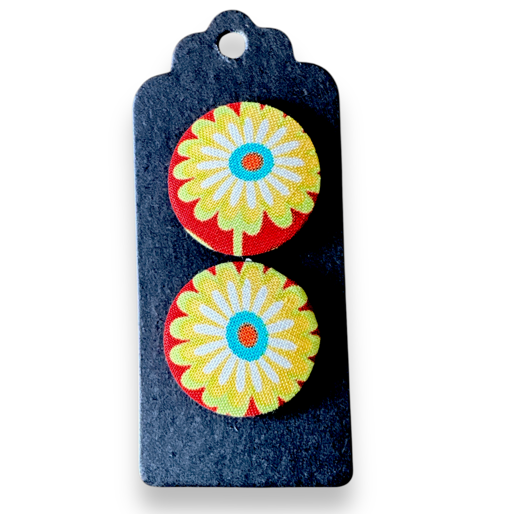 Upcycled fabric covered stud earrings with stainless steel posts - sunflowers