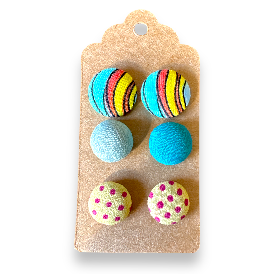 Upcycled fabric covered stud earrings with stainless steel posts - SET OF 3 brights
