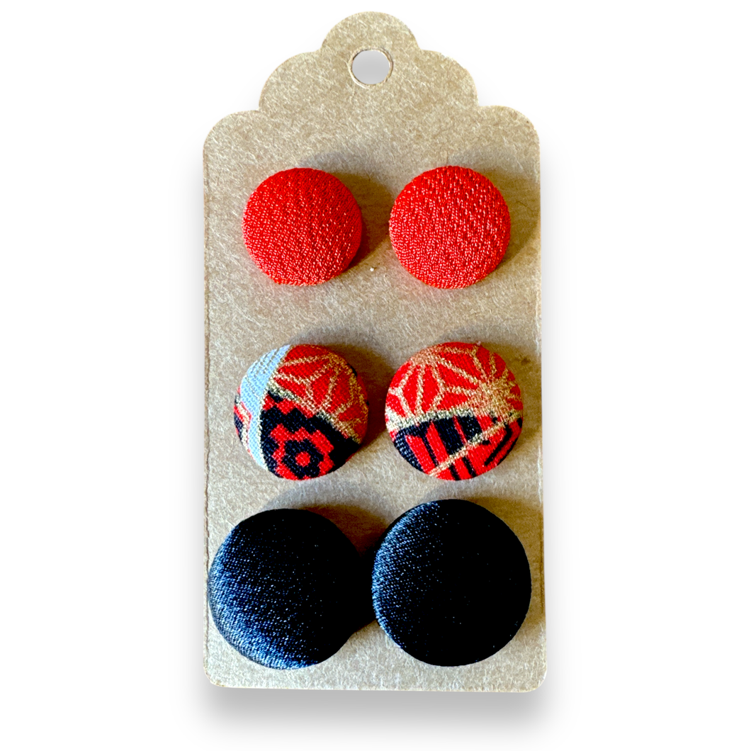 Upcycled fabric covered stud earrings with stainless steel posts - SET OF 3 Classic
