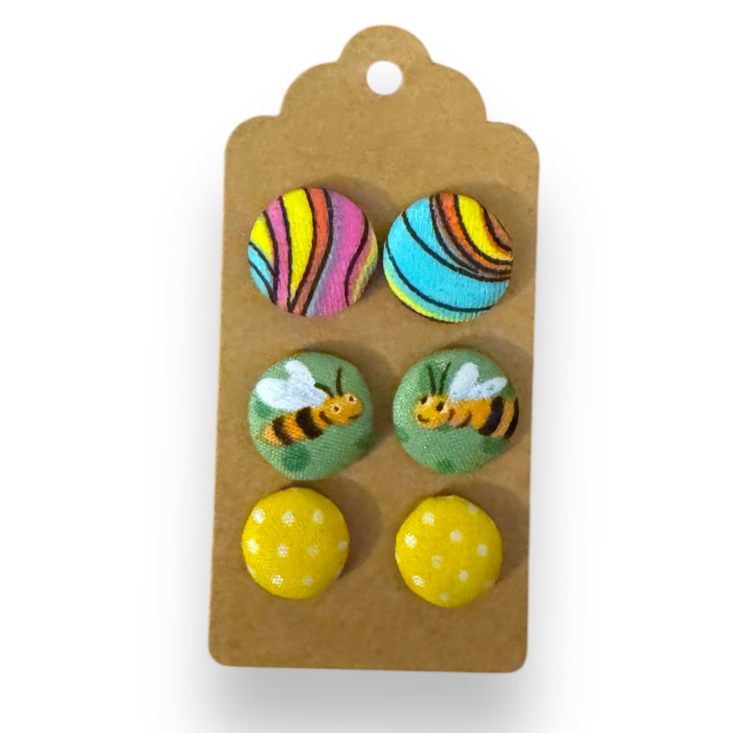 Upcycled fabric covered stud earrings with stainless steel posts - bumble bee brights