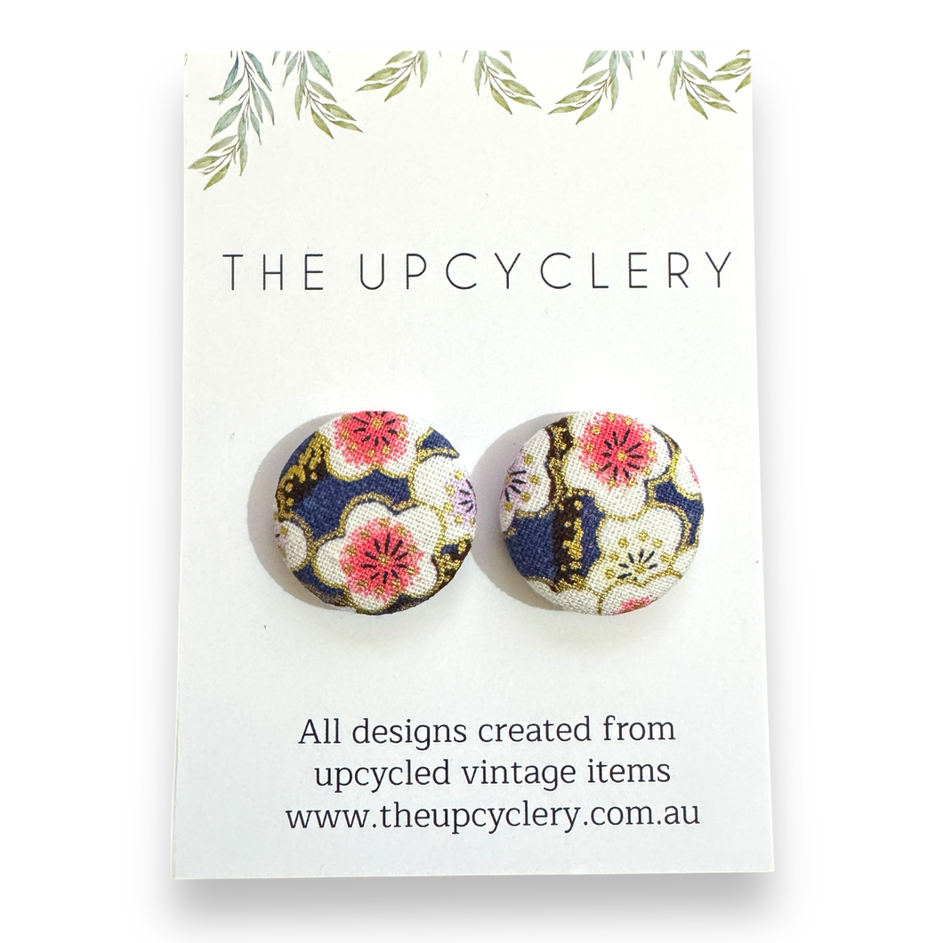Upcycled fabric covered stud earrings with stainless steel posts - CHERRY BLOSSOM