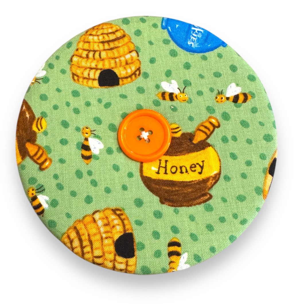 Upcycled double sided round padded playing card holder for kids or adults HONEY BEES
