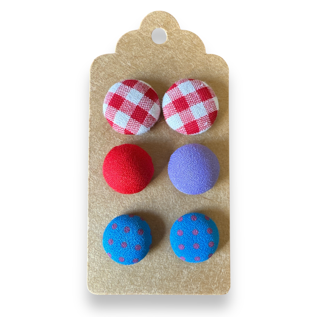 Upcycled fabric covered stud earrings with stainless steel posts - SET OF 3 brights