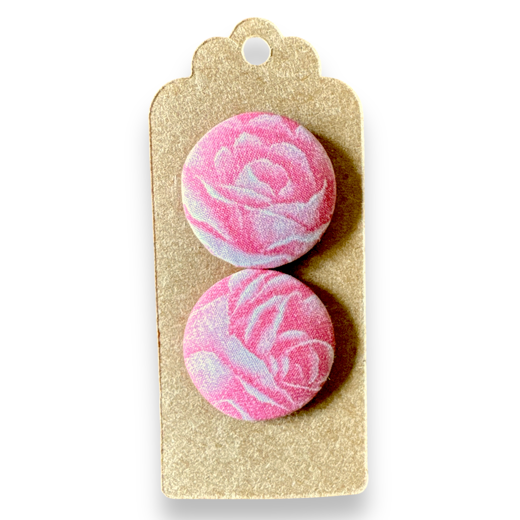 Upcycled fabric covered stud earrings with stainless steel posts - lush pink roses