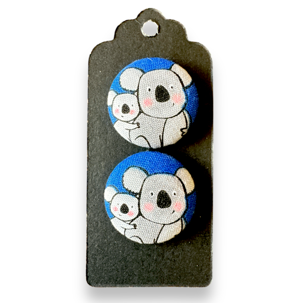 Upcycled fabric covered stud earrings with stainless steel posts - cute koalas