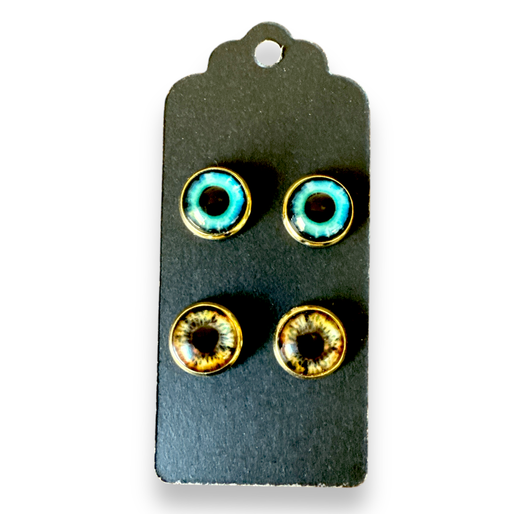 Upcycled two pairs of glass stud earrings with stainless steel posts - blue & yellow eyes