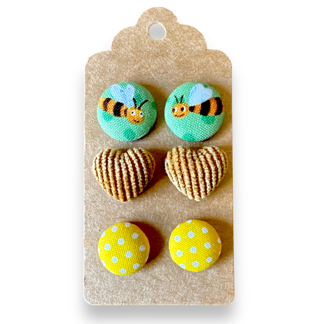 Upcycled fabric covered stud earrings with stainless steel posts - summer bees