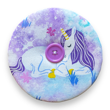 Load image into Gallery viewer, Upcycled double sided round padded playing card holder for kids or adults UNICORNS &amp; MERMAIDS
