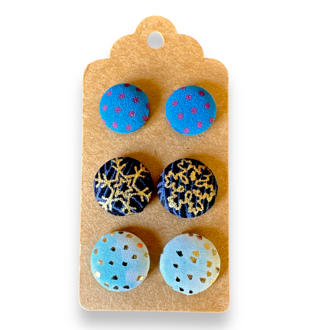 Upcycled fabric covered stud earrings with stainless steel posts - SET OF 3 blues