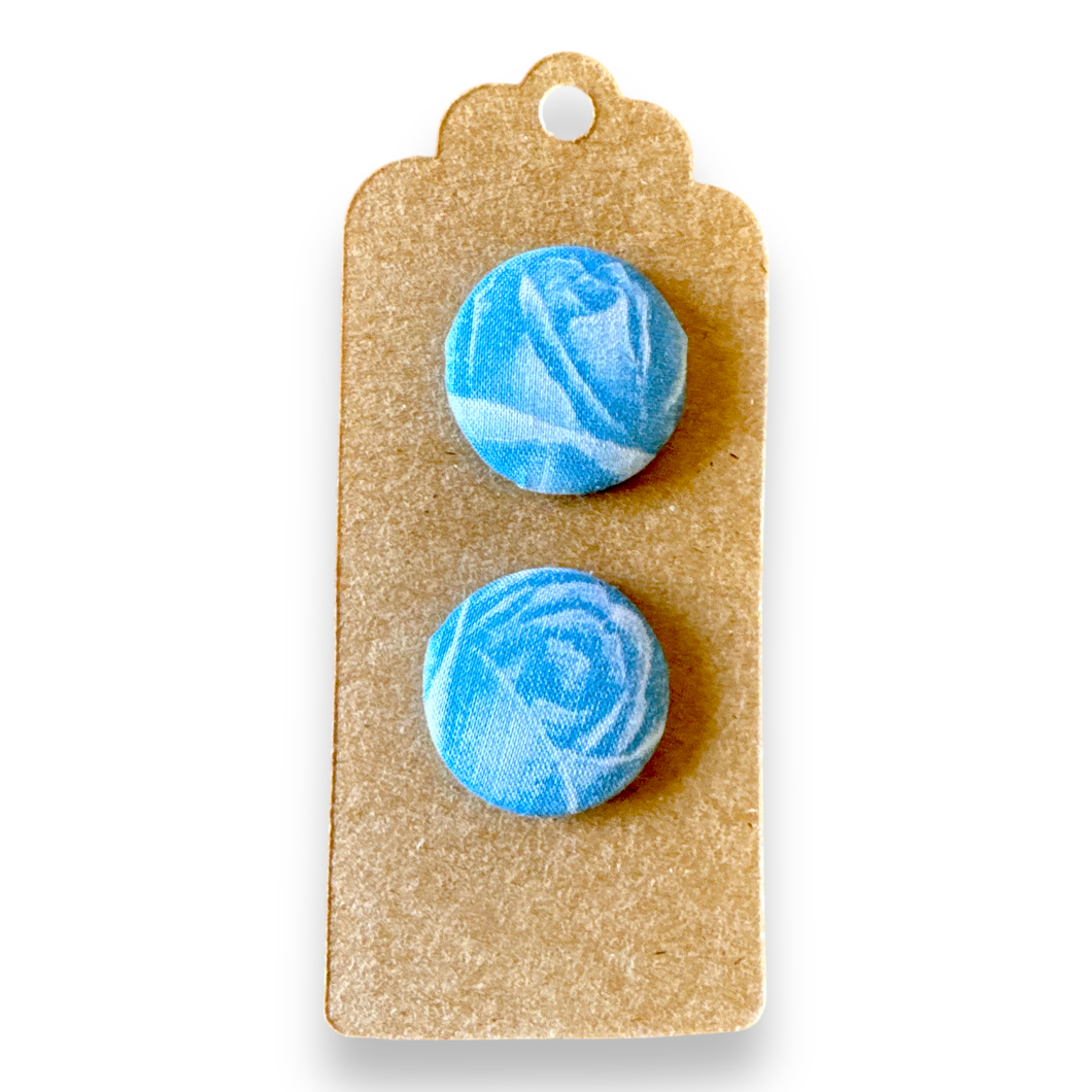 Upcycled fabric covered stud earrings with stainless steel posts - blue roses