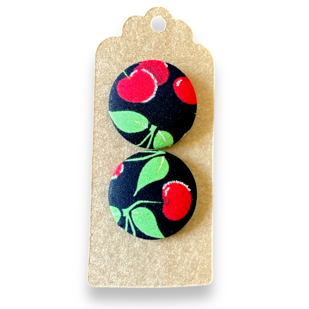 Upcycled fabric covered stud earrings with stainless steel posts - black cherries