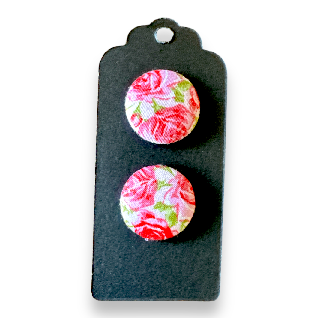 Upcycled fabric covered stud earrings with stainless steel posts - pretty pink roses