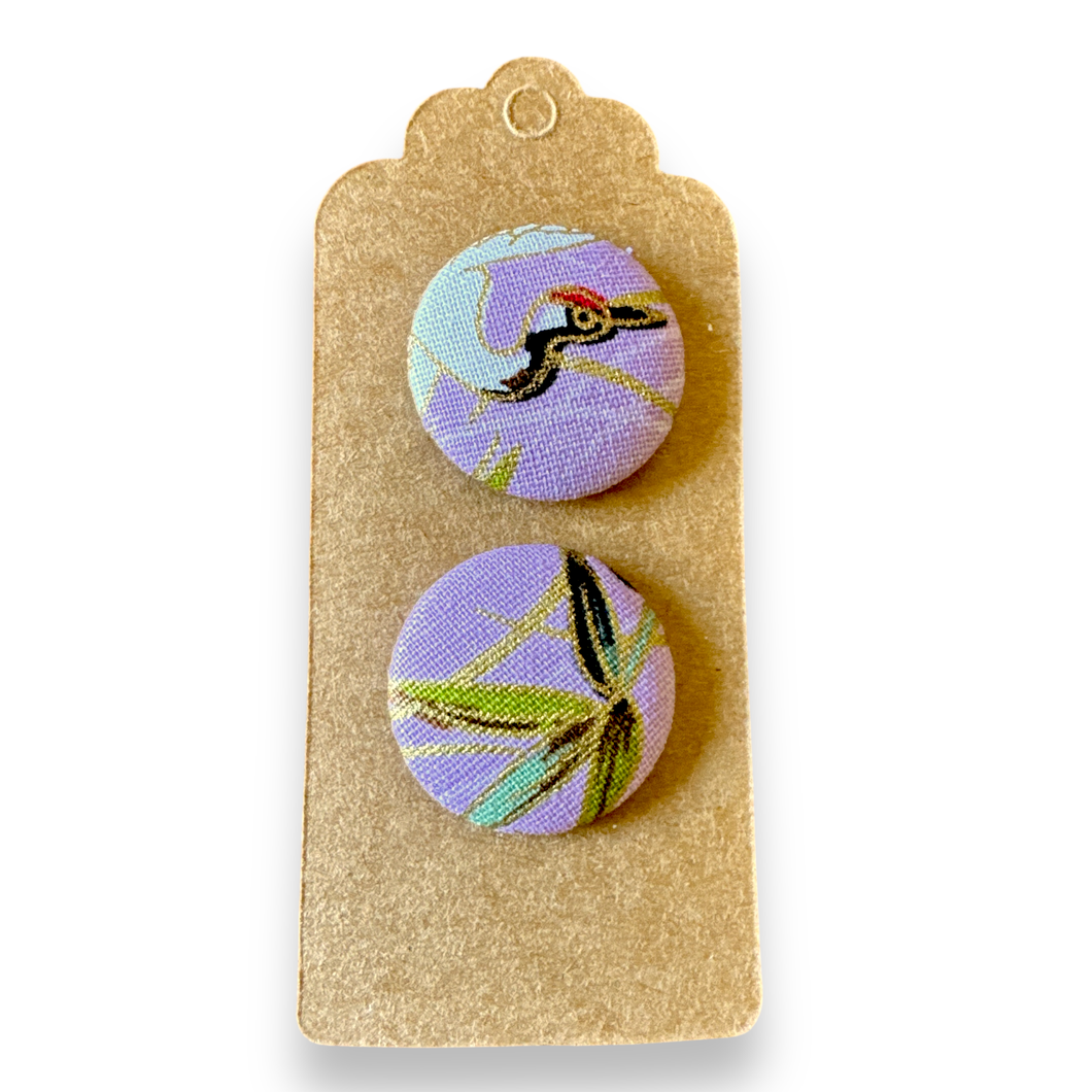 Upcycled fabric covered stud earrings with stainless steel posts - lilac crane